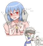  3girls blood blue_hair head_mounted_display highres izayoi_sakuya kawashiro_nitori maid mata_(matasoup) multiple_girls nosebleed red_eyes remilia_scarlet silver_hair touching_ears touhou virtual_reality 