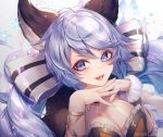  1girl azalea4 bangs black_capelet blue_eyes blush bow breasts capelet cleavage dress granblue_fantasy hair_bow large_breasts lavender_hair long_hair looking_at_viewer low_twintails open_mouth satyr_(granblue_fantasy) smile star_(symbol) striped striped_bow twintails very_long_hair white_bow 