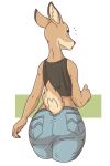 anthro bottomwear brown_body brown_fur butt butt_pose cervid clothing female fur furgonomics green_eyes hi_res jeans looking_back mammal multicolored_body multicolored_fur pants pose shirt simple_background slightlysimian solo standing topwear two_tone_body two_tone_fur 