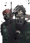  2boys arm_up bangs black_gloves black_hair black_shirt brown_hair citrine_11 collar collared_shirt commentary_request facial_scar facing_viewer gas_mask gloves green_vest grey_eyes gun highres holding holding_gun holding_mask holding_weapon long_sleeves looking_at_viewer lucas_(yakusoku_no_neverland) male_focus mask military military_uniform multicolored_hair multiple_boys pocket pouch scar scar_across_eye shaded_face shirt short_hair simple_background single_glove streaked_hair trigger_discipline uniform upper_body vest weapon white_background white_hair yakusoku_no_neverland yellow_eyes yuugo_(yakusoku_no_neverland) 