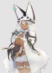  1girl bana_(stand_flower) beltbra breasts cape cleavage dark_skin guilty_gear guilty_gear_xrd hat highres long_hair looking_at_viewer ramlethal_valentine short_shorts shorts solo thigh_strap underboob white_hair yellow_eyes 