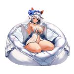  1girl armadillo_ears babydoll bangs blush breasts brown_eyes cushion full_body gloves highres large_breasts last_origin lingerie mr.yun navel nipples panties saetti short_hair silver_hair sitting smile solo tachi-e thighs transparent_background underwear veil white_gloves wide_hips 