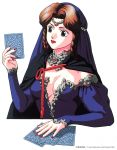  1990s_(style) 1996 1girl blue_dress blue_eyes breasts cape card cleavage copyright dated dress highres holding holding_card long_sleeves looking_at_object medium_breasts pc_engine_fan red_lips red_nails simple_background solo takada_akemi veil white_background 