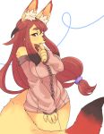  2019 5_fingers anthro big_breasts blush breasts canid canine clothed clothing ear_tuft female fingers fox fur hair kemono long_hair looking_at_viewer mammal nobox05 open_mouth open_smile red_eyes red_hair shush simple_background smile snout solo standing tuft white_background yellow_body yellow_fur 
