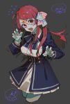  1girl bow breasts facial_scar fingernails highres large_breasts long_hair looking_at_viewer minamoto_sakura nishihara_isao open_mouth polka_dot polka_dot_bow polka_dot_ribbon red_eyes red_hair ribbon scar side_ponytail solo zombie zombie_land_saga 