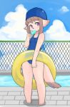  2020 4_toes 5_fingers anthro blush breasts brown_hair clothing cloud female fence fingers food fur hair hi_res inner_tube kemono mammal nobox05 popsicle purple_eyes sky small_breasts snout solo standing swimwear toes water wet 