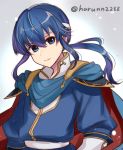  1boy blue_eyes blue_hair cape closed_mouth fire_emblem fire_emblem:_genealogy_of_the_holy_war hair_between_eyes haru_(nakajou-28) headband high_collar highres looking_at_viewer medium_hair ponytail seliph_(fire_emblem) simple_background snowing solo twitter_username watermark 