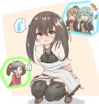  0_0 4girls aqua_hair bound brown_eyes brown_hair closed_eyes commentary_request full_body hair_ornament hairclip headgear kantai_collection kasashi_(kasasi008) kumano_(kantai_collection) long_hair multiple_girls open_mouth ponytail ryuujou_(kantai_collection) school_uniform short_hair_with_long_locks solo_focus spoken_sweatdrop squatting suzuya_(kantai_collection) sweatdrop taihou_(kantai_collection) thighhighs tied_up twintails visor_cap 