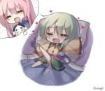  ^_^ artist_name bangs bed bed_sheet black_frills blue_shirt blush bow closed_eyes dreaming dress eyebrows_visible_through_hair frilled_dress frills green_hair green_shirt hair_between_eyes hata_no_kokoro heart holding holding_mask komeiji_koishi long_hair long_sleeves mask open_mouth pillow pink_hair pink_skirt plaid plaid_shirt pudding_(skymint_028) purple_bow purple_neckwear saliva shirt simple_background skirt smile third_eye touhou underwear white_background yellow_shirt 