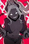  1girl armband belt black_horns breasts breasts_apart clawed_gauntlets demon_horns demon_tail grey_skin grin helltaker highres horns judgement_(helltaker) koyorin large_breasts leather_bikini looking_at_viewer navel pink_background smile solo tail teeth white_eyes white_hair 