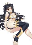  1girl absurdres armlet ass bangs bare_shoulders black_hair breasts cleavage crown earrings eyebrows_visible_through_hair fate/grand_order fate_(series) highres ishtar_(fate)_(all) ishtar_(fate/grand_order) jewelry long_hair looking_at_viewer makise_medaka navel red_eyes simple_background single_thighhigh smile solo strapless thighhighs tubetop two_side_up very_long_hair white_background 