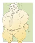  2020 anthro belly blush bottomwear canid canine canis clothing domestic_dog humanoid_hands inunoshippo japanese_text kemono male mammal necktie overweight overweight_male pants shirt solo text topwear 