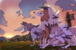  2020 black_nose blue_eyes brown_body brown_fur canid canine claws cloud dtrain2695 dusk_lycanroc feral fur grass green_eyes hair lycanroc mammal midday_lycanroc nintendo notched_ear orange_body orange_fur pok&eacute;mon pok&eacute;mon_(species) scar sharp_teeth sitting spikes sunset teeth toes tuft video_games white_body white_fur white_hair 