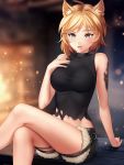  1girl :3 animal_ear_fluff animal_ears bare_arms bare_shoulders belt bench black_shorts black_tank_top blonde_hair blurry blurry_background blush breasts crossed_legs dot_nose eyebrows_visible_through_hair eyelashes fang fingers fur_trim gigamessy hand_on_own_chest looking_at_viewer messy_hair navel open_mouth original parted_hair short_hair short_shorts shorts shoulders sitting solo strap tank_top tattoo thighs torn_clothes yellow_eyes 