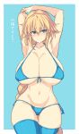 1girl absurdres armpits arms_behind_head arms_up bangs bare_shoulders bikini blonde_hair blue_background blue_bikini blue_eyes blue_legwear blush border braid breasts cleavage closed_mouth collarbone fate/apocrypha fate_(series) hair_between_eyes highres huge_breasts ishibori_eregomos jeanne_d&#039;arc_(fate) jeanne_d&#039;arc_(fate)_(all) long_braid looking_at_viewer single_braid smile swimsuit thighhighs translation_request white_border 