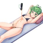  1girl arms_up batazungharn bikini black_bikini breasts curly_hair green_eyes green_hair highres lotion lotion_bottle lube lying navel on_back one-punch_man open_mouth pillow short_hair small_breasts solo stomach string_bikini swimsuit tatsumaki 