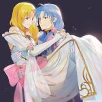  1boy 1girl blonde_hair blue_eyes braid bridal_gauntlets bridal_veil bride carrying collarbone couple dress elbow_gloves feather_trim fire_emblem fire_emblem_heroes flower gloves groom hair_flower hair_ornament hetero highres hug husband_and_wife kyufe long_hair long_sleeves looking_at_another louise_(fire_emblem) pent_(fire_emblem) princess_carry purple_eyes side_braid silver_hair simple_background single_braid smile strapless strapless_dress veil wedding_dress white_dress 