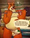  2020 animal_crossing anthro balls belly bodily_fluids brown_body brown_fur bulge clothing daxhush dialogue english_text exercise eyes_closed fur genitals humanoid_hands jockstrap male mammal moobs nintendo nipples overweight overweight_male penis solo sweat talking_to_viewer teddy_(animal_crossing) text underwear ursid video_games workout 