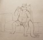  anthro arbitgon belly clothing dragon dusktodawn eating food fur furred_dragon hi_res male navel overweight sitting sketch solo 