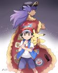  2boys back-to-back baseball_cap black_hair black_headwear blue_jacket blue_shorts brown_eyes cape character_print commentary_request dande_(pokemon) dark_skin dark_skinned_male episode_number feet_out_of_frame fur-trimmed_cape fur_trim gen_1_pokemon gen_2_pokemon gradient gradient_background hat highres hoothoot jacket long_hair looking_at_viewer looking_back male_focus mei_(maysroom) multiple_boys number on_shoulder pikachu pokemon pokemon_(anime) pokemon_(creature) pokemon_on_shoulder pokemon_swsh_(anime) print_cape purple_hair red_cape red_headwear satoshi_(pokemon) serious shirt shorts signature smile white_shirt 