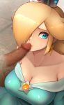  1boy 1girl asymmetrical_hair bangs bare_shoulders blonde_hair blue_dress blue_eyes breasts censored cleavage collarbone commentary crown disembodied_penis dress earrings eyelashes fellatio hair_over_one_eye highres jewelry kashu_(hizake) large_breasts lips long_hair looking_away looking_to_the_side mario_(series) mosaic_censoring off-shoulder_dress off_shoulder oral parted_bangs penis penis_kiss rosalina solo_focus star_(symbol) sweatdrop upper_body 