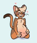  &lt;3 2020 abdominal_bulge abyssinian_cat ambiguous_gender anthro belly belly_bump big_belly big_ears blush brown_body brown_fur colored domestic_cat felid feline felis fur gooey_goon hand_on_stomach happy kneeling line_art mammal markings navel nipples pregnant sharp_teeth simple_background smile solo teeth 