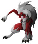  2017 alpha_channel ambiguous_gender anthro black_nose claws fur glowing glowing_eyes hair lycanroc midnight_lycanroc nintendo pok&eacute;mon pok&eacute;mon_(species) pose red_body red_fur reviwolfe signature simple_background solo toe_claws transparent_background video_games white_body white_fur white_hair 