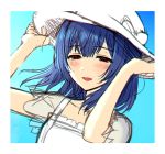 :d arms_up blue_background blue_hair blush bow brown_eyes character_request dress gradient gradient_background half-closed_eyes hands_on_headwear hat hat_bow idolmaster idolmaster_shiny_colors long_hair looking_at_viewer open_mouth see-through see-through_sleeves short_sleeves sketch smile sun_hat tobade_(tbdfactory) upper_body white_dress white_headwear 