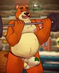  2020 animal_crossing anthro balls belly bodily_fluids brown_body brown_fur bulge clothing daxhush exercise eyes_closed fur genitals humanoid_hands jockstrap male mammal moobs nintendo nipples overweight overweight_male penis solo sweat teddy_(animal_crossing) underwear ursid video_games workout 