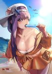  1girl absurdres bandeau bangs bare_shoulders baseball_cap bb_(fate)_(all) bb_(swimsuit_mooncancer)_(fate) beach blue_sky blush breasts cleavage collarbone cropped_jacket eating fate/grand_order fate_(series) food hat hat_ornament highres jacket large_breasts leaning_forward long_hair long_sleeves looking_at_viewer miniskirt navel ocean off_shoulder okoru_ringo open_mouth popsicle purple_eyes purple_hair sideways_hat skirt sky star_(symbol) star_hat_ornament sunlight thighs very_long_hair white_headwear yellow_jacket yellow_skirt 