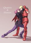  1boy 1girl blonde_hair cape char_aznable closed_mouth dancing dress gloves gundam haman_karn highres pantyhose pink_hair shadow short_hair simple_background teikoku_jokyoku zeta_gundam 