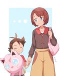  1boy 1girl bag black_sweater blue_background blue_eyes blush blush_stickers border breasts brown_hair brown_pants character_doll closed_eyes commentary_request dark_skin dark_skinned_male doll gen_1_pokemon gou_(pokemon) holding holding_doll holding_hands jigglypuff kurune_(pokemon) mei_(maysroom) mother_and_son pants pink_bag pokemon pokemon_(anime) pokemon_swsh_(anime) red_shirt shirt shoulder_bag signature small_breasts smile stuffed_toy sweater white_border younger 