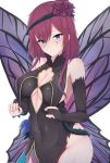  1girl black_gloves breasts chiyo_(pk19981234) cleavage closed_mouth covered_navel facial_mark fairy_wings fire_emblem fire_emblem_heroes flower gloves hair_flower hair_ornament highres plant purple_hair simple_background solo triandra_(fire_emblem) vines white_background wings 