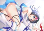  1girl ass bangs bare_shoulders bell_(angelicalary) black_hair blue_eyes blue_ribbon blush breasts detached_leggings dress fate/grand_order fate/requiem fate_(series) fundoshi gradient gradient_background highres japanese_clothes jewelry large_breasts light_rays long_sleeves looking_at_viewer magatama magatama_hair_ornament medium_hair multicolored_hair necklace open_mouth pelvic_curtain pink_hair polearm puffy_long_sleeves puffy_sleeves ribbon short_dress sideboob sideless_outfit spear streaked_hair thighs utsumi_erise weapon white_dress white_legwear 