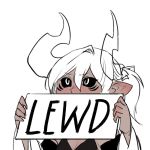  1girl aiko_(less) black_sclera breasts cleavage demon_girl demon_horns english_text holding holding_sign horns less original pointy_ears portrait short_hair sign simple_background solo transparent white_background 