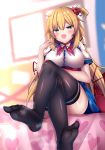  1girl :d akai_haato black_legwear blonde_hair blue_eyes blush breasts commentary crossed_legs fang feet hair_ornament hair_ribbon heart heart_hair_ornament highres hololive long_hair open_mouth ribbon school_uniform shiki_(catbox230123) short_sleeves sitting smell smelly_feet smile solo steaming_body thighhighs very_long_hair virtual_youtuber 