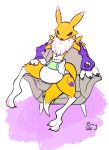  2020 anthro armwear blue_eyes chest_tuft clothing diaper digimon digimon_(species) extry fur hi_res renamon simple_background sitting solo tuft white_body white_fur yellow_body yellow_fur ying_and_yang 