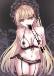  1girl absurdres blonde_hair blush breasts earrings girls_frontline gun handgun highres jewelry lingerie looking_at_viewer martinreaction medium_breasts navel pistol ppk_(girls_frontline) smile solo underwear walther walther_ppk weapon whip yellow_eyes 