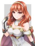  1girl arm_guards black_gloves breasts celica_(fire_emblem) closed_mouth commentary cowboy_shot detached_collar double-breasted dress earrings eyelashes fingerless_gloves fire_emblem fire_emblem_echoes:_shadows_of_valentia gloves grey_background hairband hand_in_hair jewelry lips long_hair looking_at_viewer medium_breasts off-shoulder_dress off_shoulder orange_eyes orange_hair simple_background smile solo tenchan_man white_background white_dress 