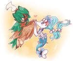  2016 2_toes 3_fingers accessory avian blue_body blue_eyes blue_hair blush brown_body brown_feathers claws decidueye eye_contact eyelashes feathers female fingers green_body green_feathers hair hair_accessory looking_at_another male marine merfolk nintendo piink-rose pok&eacute;mon pok&eacute;mon_(species) primarina signature smile spikes toe_claws toes video_games white_body yellow_eyes 