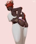  absurd_res ahava anthro brown_body brown_fur cervid clothing female fur hair hi_res leggings legwear mammal panties pink_clothing pink_panties pink_underwear red_eyes red_hair shadikbitardik solo spots spotted_body underwear 