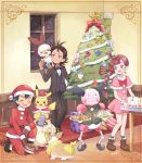 1girl 2boys :d antlers applin black_bow black_footwear black_hair black_jacket black_pants blue_eyes blush bow bowl bowtie box braid braided_ponytail brown_footwear brown_gloves bunny butler cake carpet chicken_(food) christmas christmas_cake christmas_lights christmas_ornaments christmas_tree closed_eyes clothed_pokemon commentary_request cosplay creature cryogonal cubchoo dark_skin dark_skinned_male dog dress fang flower food formal fur_trim gen_1_pokemon gen_2_pokemon gen_5_pokemon gen_8_pokemon gift gift_box gloves gou_(pokemon) green_eyes grookey hair_flower hair_ornament hat hatted_pokemon highres holding holding_gift holding_plate hood indoors jacket litwick long_hair looking_at_another mei_(maysroom) mew mr._mime multiple_boys mythical_pokemon on_shoulder one_knee open_mouth pants pet_bowl pikachu pink_dress plate poke_ball poke_ball_theme pokemon pokemon_(anime) pokemon_(creature) pokemon_on_shoulder pokemon_swsh_(anime) premier_ball red_bow red_hair reindeer_antlers sack sakuragi_koharu sandwich santa_costume santa_hat satoshi_(pokemon) scorbunny shoes short_dress signature smile snom snowing sobble socks standing standing_on_person stantler stantler_(cosplay) starter_pokemon starter_pokemon_trio staryu striped striped_bow striped_neckwear suit table themed_object tongue tongue_out upper_teeth window |d 