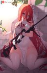  1girl bare_shoulders blue_eyes blush breasts covered_navel dress girls_frontline gloves gun hair_between_eyes headwear holding holding_gun holding_weapon long_hair nanoless open_mouth panties red_hair rifle ruins sitting sleeveless sleeveless_dress sniper_rifle solo t-5000_(girls_frontline) thighhighs underwear very_long_hair wariza weapon white_dress white_gloves white_legwear white_panties 