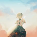  1girl absurdres back bug butterfly butterfly_on_hand button_(pixiv10300358) chinese_clothes cloud cloudy_sky hair_ornament highres holding holding_umbrella insect oriental_umbrella short_hair short_sleeves sky solo standing umbrella vocaloid vsinger white_hair yanhe 