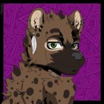  1:1 2020 absurd_res anthro bust_portrait canid digital_media_(artwork) fur hi_res hyaenid looking_at_viewer looking_back male mammal portrait prismanoodle_(artist) shadow simple_background smile solo solo_character solo_focus spots spotted_hyena 