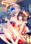  2girls absurdres bangs bare_shoulders black_hair blurry blurry_background breasts bronya_zaychik cleavage crossed_bangs eye_contact floral_print flower grey_eyes grey_hair hair_between_eyes hair_flower hair_ornament hair_stick hand_in_another&#039;s_hair hand_on_another&#039;s_knee highres holding holding_pipe honkai_(series) honkai_impact_3rd hug japanese_clothes kimono kiseru lantern long_hair looking_at_another medium_breasts mie_xing multicolored_hair multiple_girls night pipe red_eyes red_hair seele_(alter_ego) seele_vollerei short_hair short_kimono short_yukata small_breasts smile socks two-tone_hair white_legwear yukata yuri 