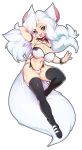  5_fingers absurd_res animal_humanoid big_breasts breasts cleavage clothed clothing eyebrows eyelashes fingers green_eyes hair hi_res humanoid midriff navel open_mouth skimpy slugbox smile teeth tongue white_hair 