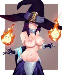  1girl bangs black_hair breasts brown_background collar commentary en&#039;en_no_shouboutai fire gloves groin hat highres large_breasts long_hair looking_at_viewer maki_oze moonuz navel nipples no_panties purple_eyes shiny shiny_skin simple_background solo thighhighs topless wide_sleeves witch witch_hat 