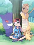  &gt;_&lt; +_+ 1boy baseball_cap black_hair blue_jacket blue_shorts commentary_request creature dragon dragonite episode_number gen_1_pokemon gen_4_pokemon gengar grass grin hat hiding highres index_finger_raised indian_style jacket looking_at_another mei_(maysroom) nature number on_lap pikachu pokemon pokemon_(anime) pokemon_(creature) pokemon_on_lap pokemon_swsh_(anime) red_headwear riolu satoshi_(pokemon) shirt shorts signature sitting sleeping smile white_shirt 