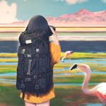  1girl agnamore animal backpack bag bird black_hair blurry blurry_background camera cowboy_shot day depth_of_field facing_away flamingo from_behind hand_up holding holding_camera lake meadow mountain nature no_pants orange_shirt original pond shirt short_sleeves sky solo taking_picture 